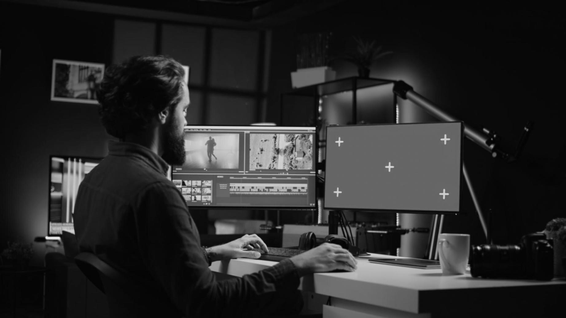 Studente che lavora su un progetto di editing video in laboratorio